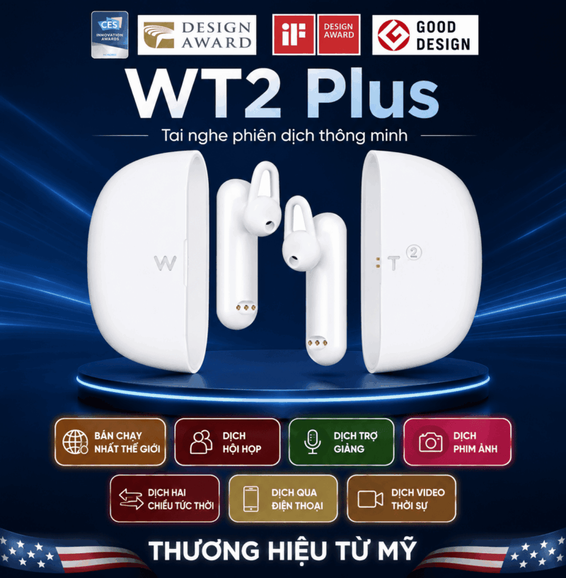 WT2 Plus 2026 – Tai Nghe Phiên Dịch Trực Tiếp 40 Ngôn Ngữ Tốt Nhất Thương Hiệu Mỹ