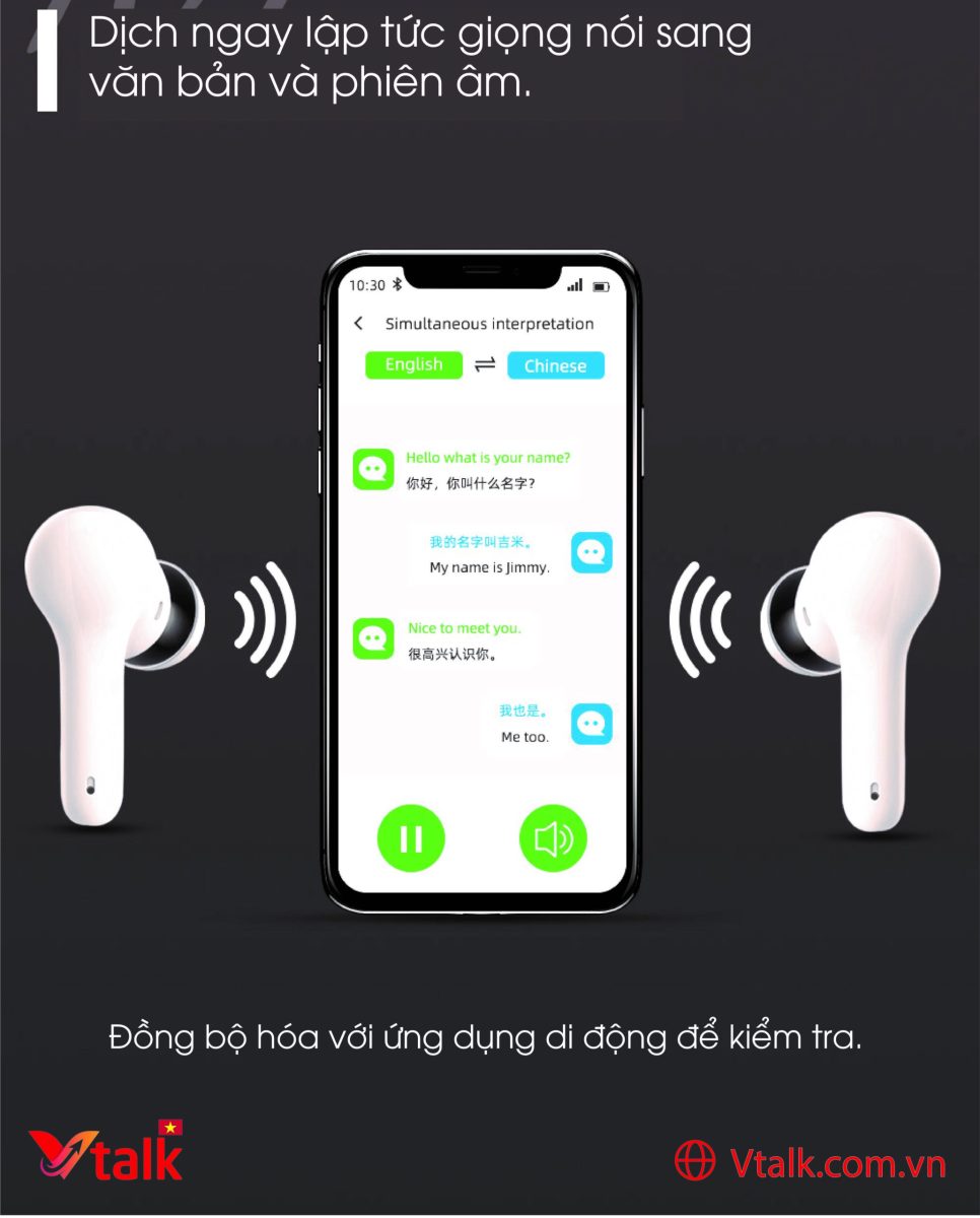 Tai Nghe Phiên Dịch Vtalk Ear dịch ngay lập tức giọng nói sang văn bản và phiên âm