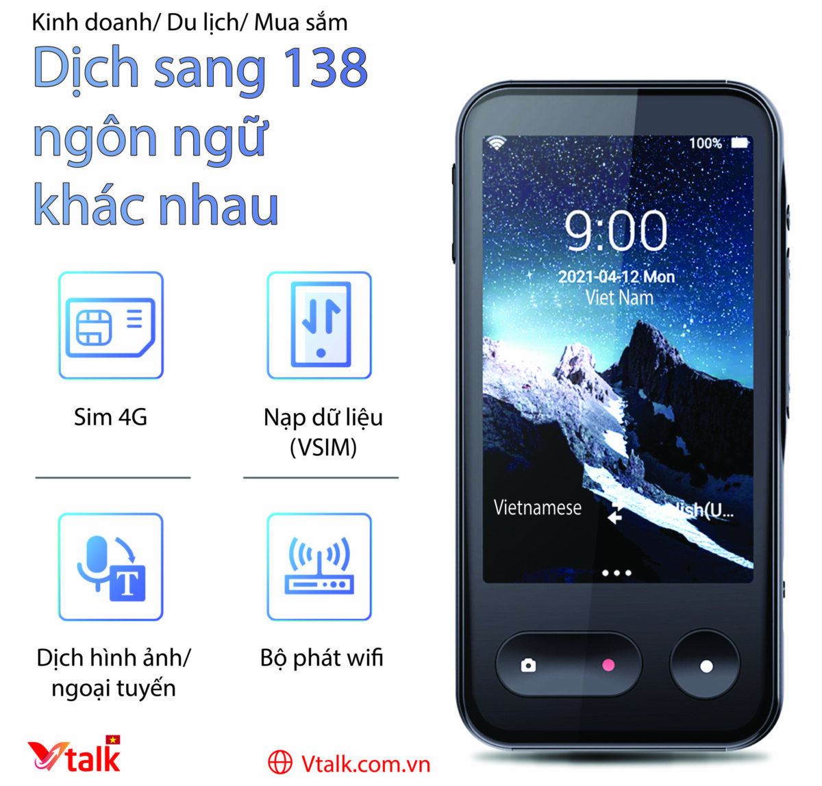 VTalk Pro+ 2026 - Máy phiên dịch được nâng cấp có Offline Tiếng Việt thương hiệu Việt