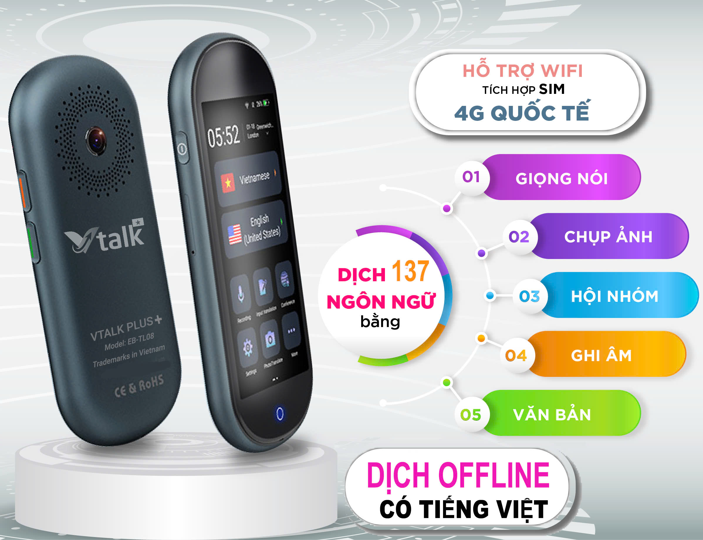 VTalk Plus+ 2026 - Bản Nâng Cấp Ram 2GB - 16GB Thương Hiệu Việt Nam, Dịch Offline Có Tiếng Việt