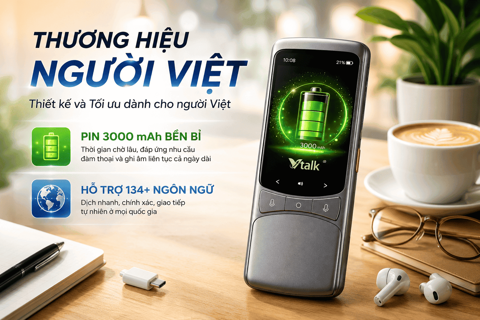 Vtalk Go 2026 – Máy Phiên Dịch AI Thông Minh Không Cần Chạm, Không Cần Nút