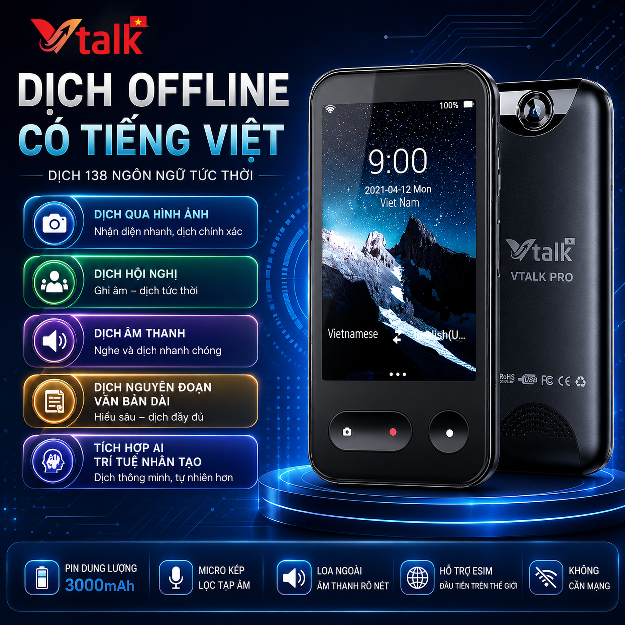 VTalk Pro+ 2026 - Máy phiên dịch được nâng cấp có Offline Tiếng Việt thương hiệu Việt VTalk Pro+ 2026 - Máy phiên dịch được nâng cấp có Offline Tiếng Việt thương hiệu Việt