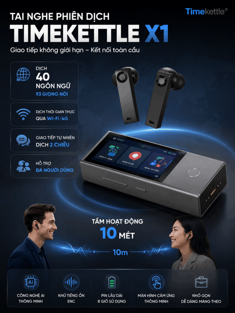 Timekettle X1 2026 – Tai Nghe Phiên Dịch Cao Cấp Được Tích Hợp AI HybridComm Dịch Tức Thời