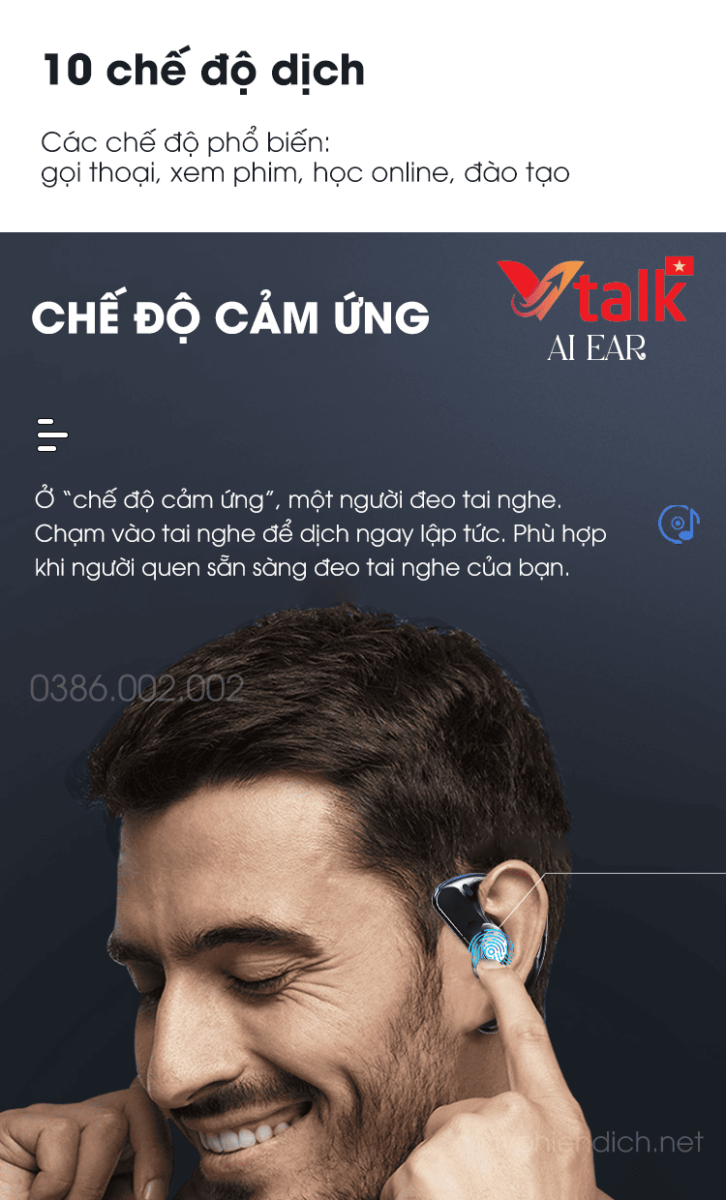 Tai Nghe Phiên Dịch Vtalk AI Ear chế độ cảm ứng