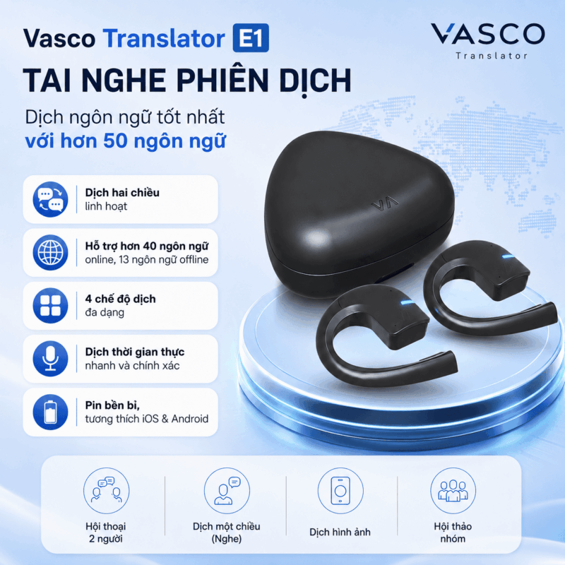 Tai Nghe Phiên Dịch Vasco Translator E1  2026 - Dịch ngôn ngữ  tốt nhất với hơn 50 ngôn ngữ