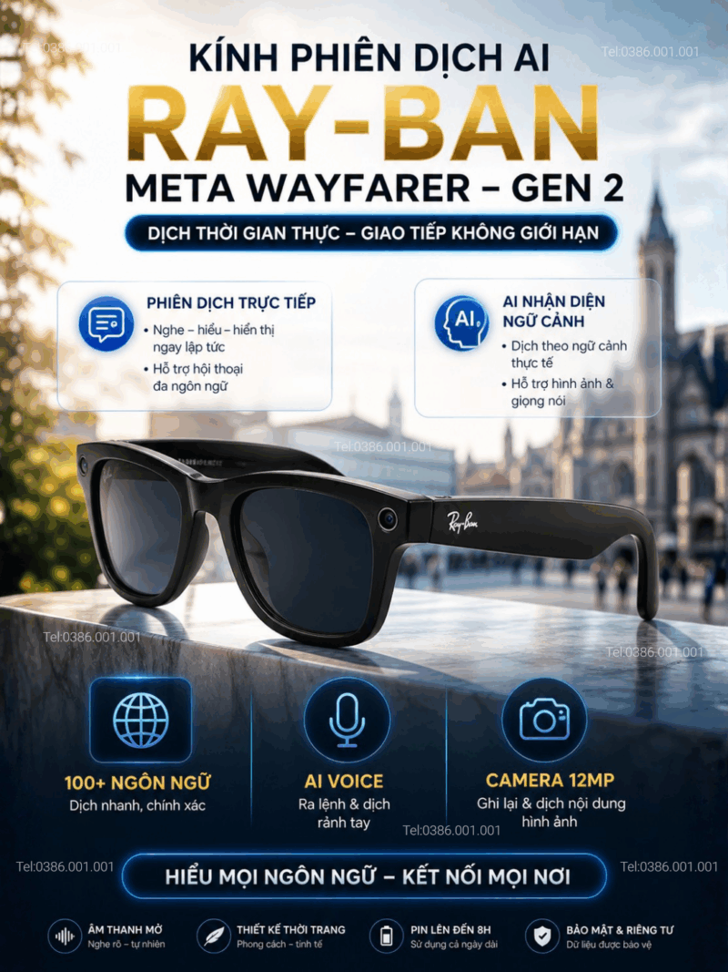 Kính phiên dịch Ray-Ban Meta Wayfarer Gen 2 2026 - Kính Phiên Dịch AI Theo Thời Gian Thực