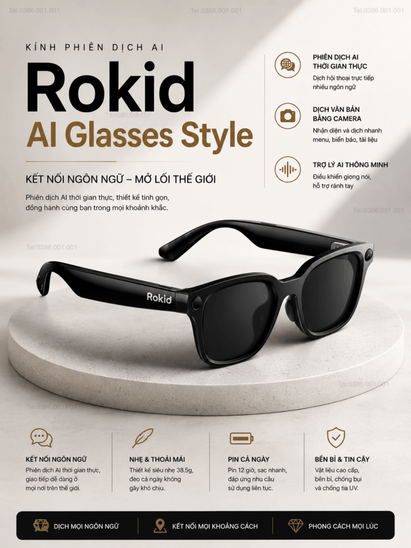 Kính Phiên Dịch Rokid AI Glasses Style 2026 - Tích Hợp AI Điều Khiển Giọng Nói “Hey Rokid”