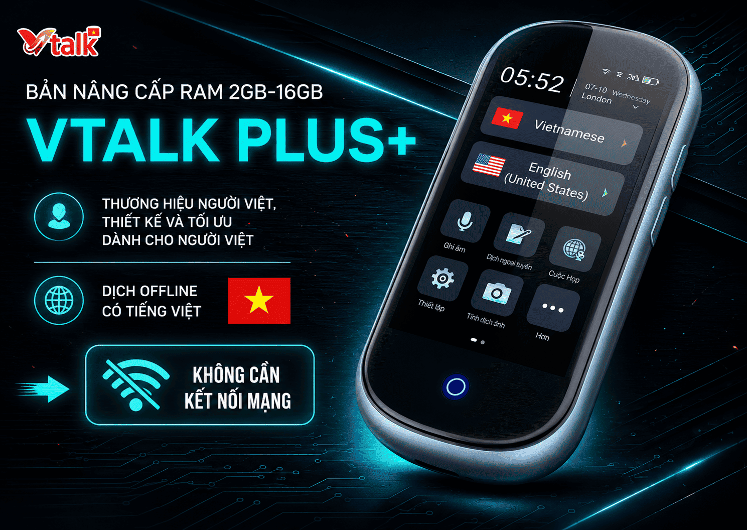 VTalk Plus+ 2026 – Bản Nâng Cấp Ram 2GB – 16GB Thương Hiệu Việt Nam, Dịch Offline Có Tiếng Việt