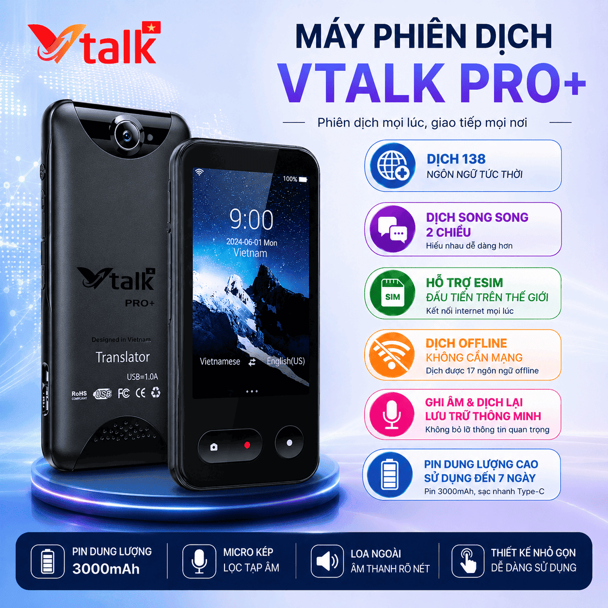 VTalk Pro+ 2026 – Máy phiên dịch được nâng cấp có Offline Tiếng Việt thương hiệu Việt