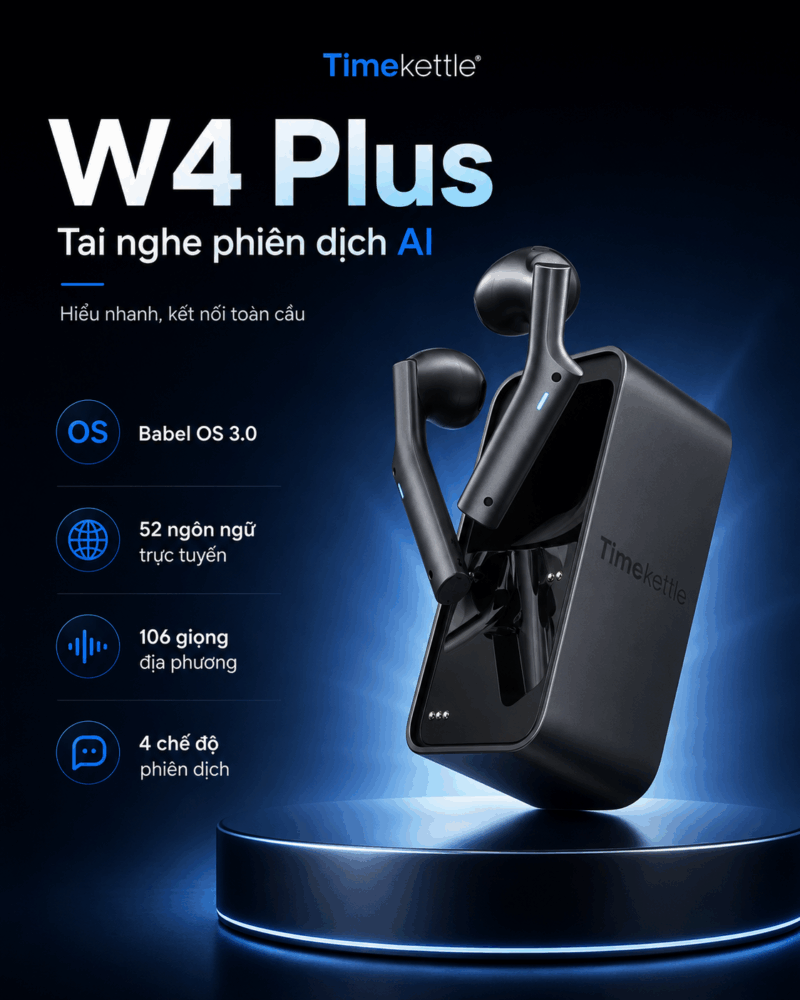 Timekettle W4 Plus 2026 – Tai Nghe Phiên Dịch AI Họp Trực Tuyến