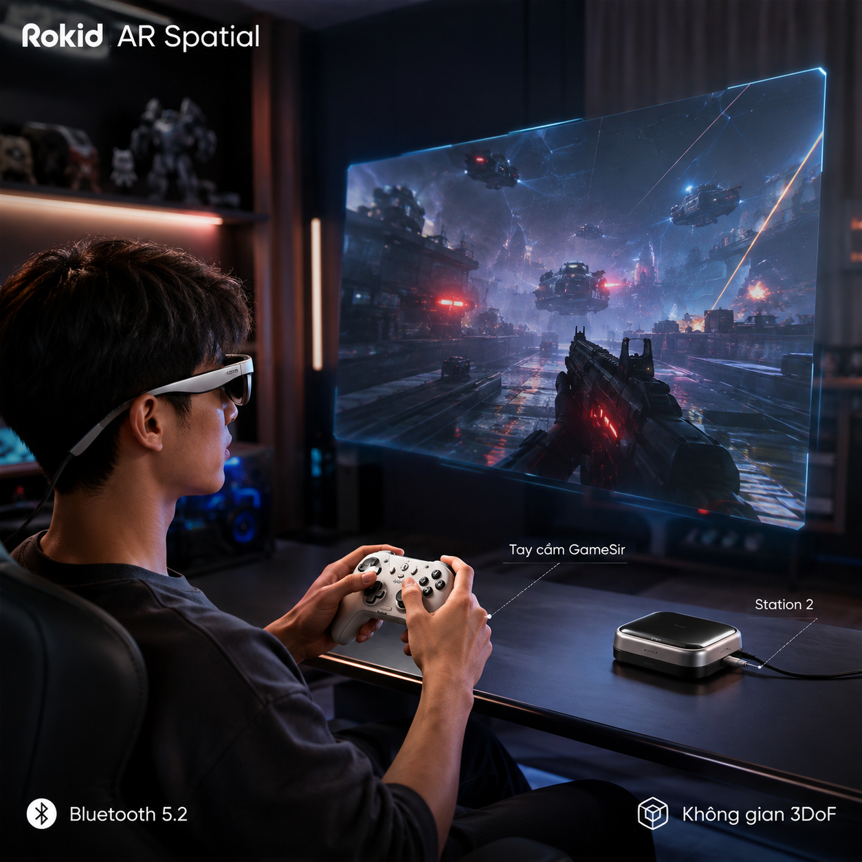 Người dùng Rokid AR Spatial chơi game bằng tay cầm GameSir kết nối Bluetooth với Station 2.