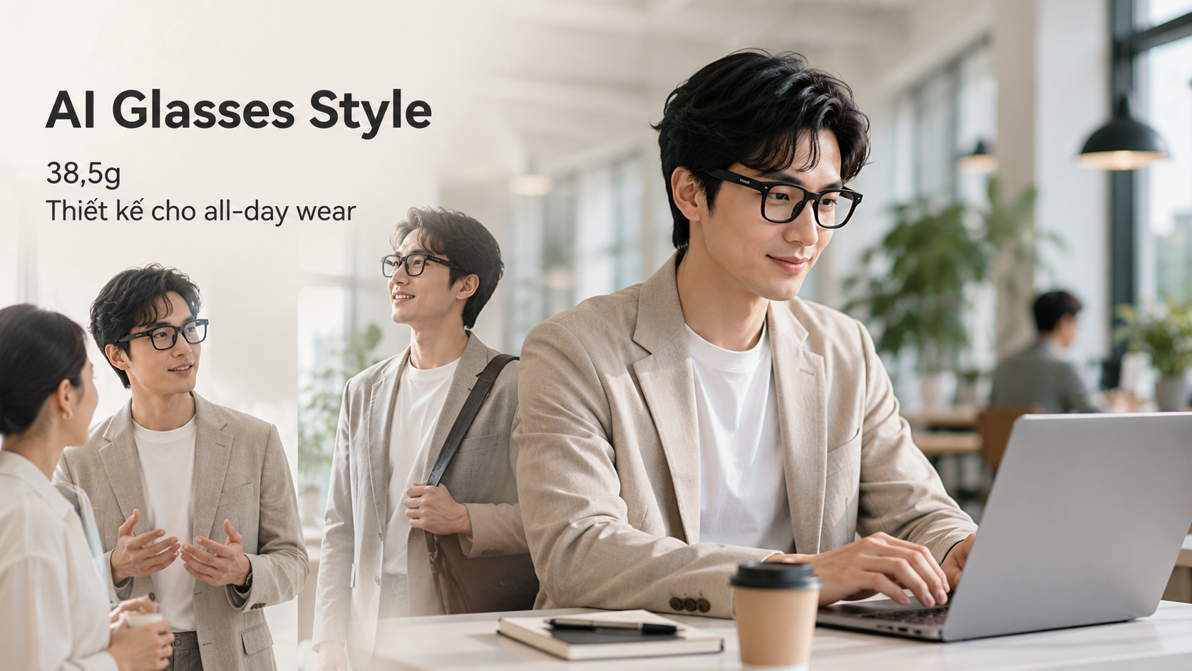 Người dùng đeo Rokid AI Glasses Style trong ngày làm việc với thiết kế nhẹ 38,5g.