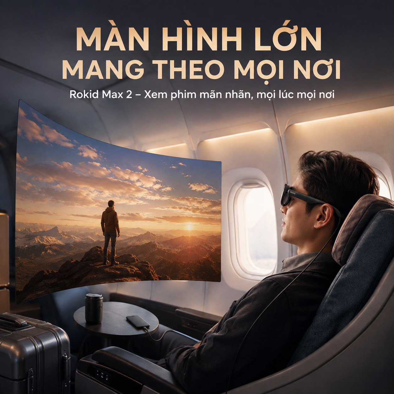 kính Rokid Max 2 dùng xem phim khi đi công tác và du lịch.