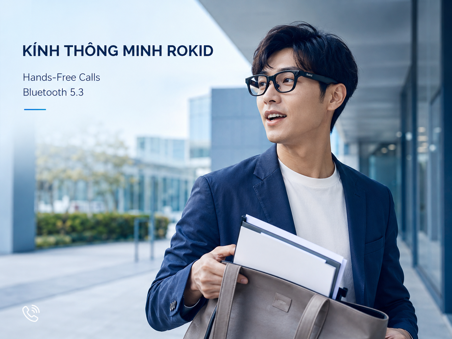 Người dùng Rokid AI Glasses Style thực hiện cuộc gọi rảnh tay bằng loa Open-Ear và Bluetooth 5.3.
